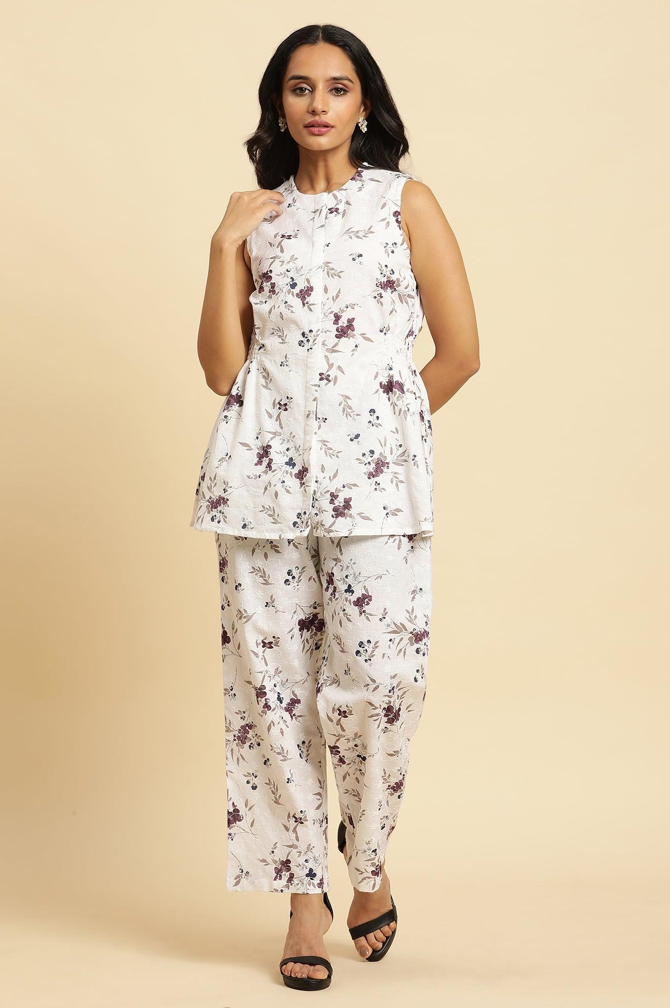 W for Woman White Sleeveless Floral Printed Kurta And Pant Co-Ord Set