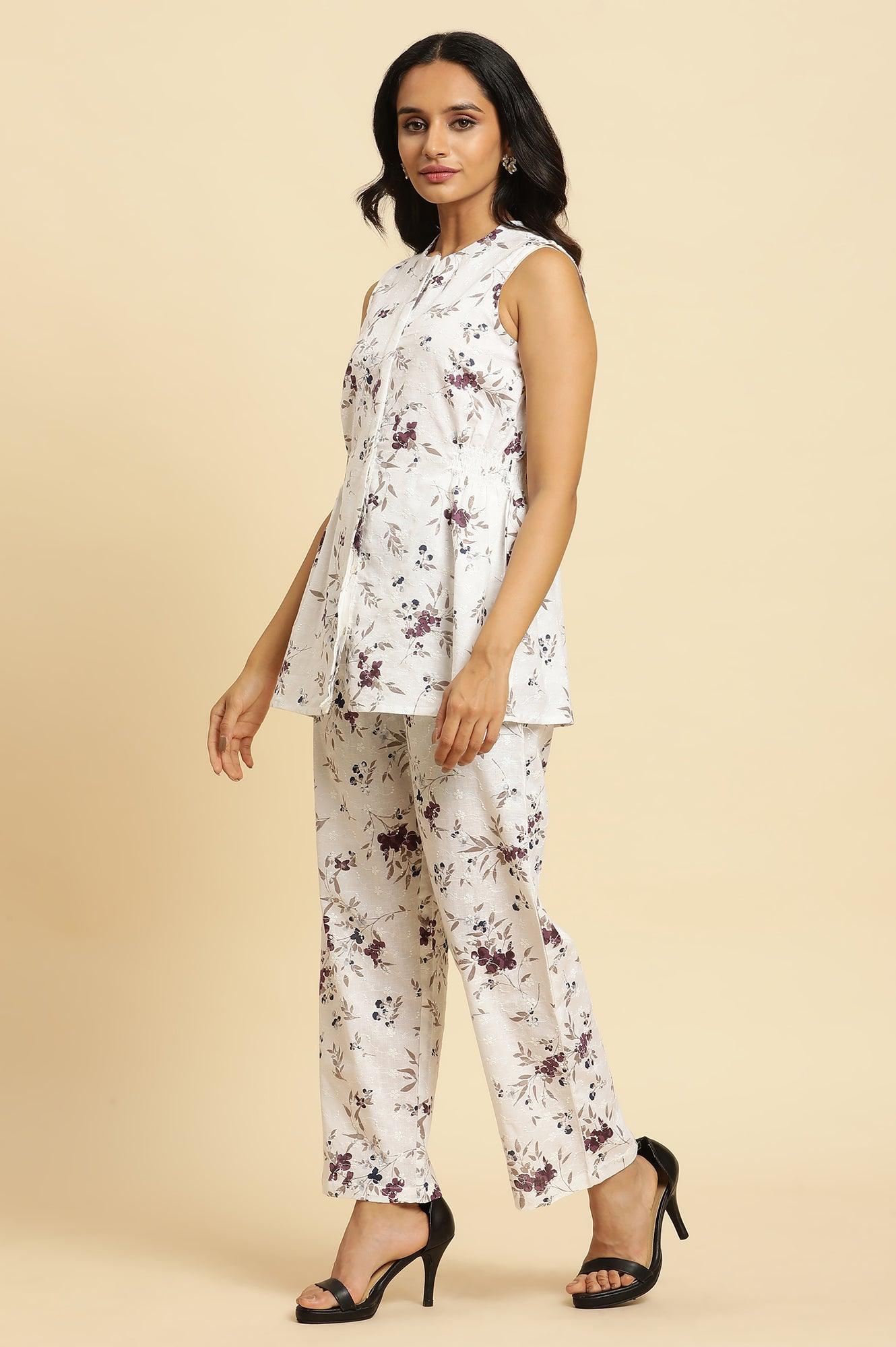 W for Woman White Sleeveless Floral Printed Kurta And Pant Co-Ord Set