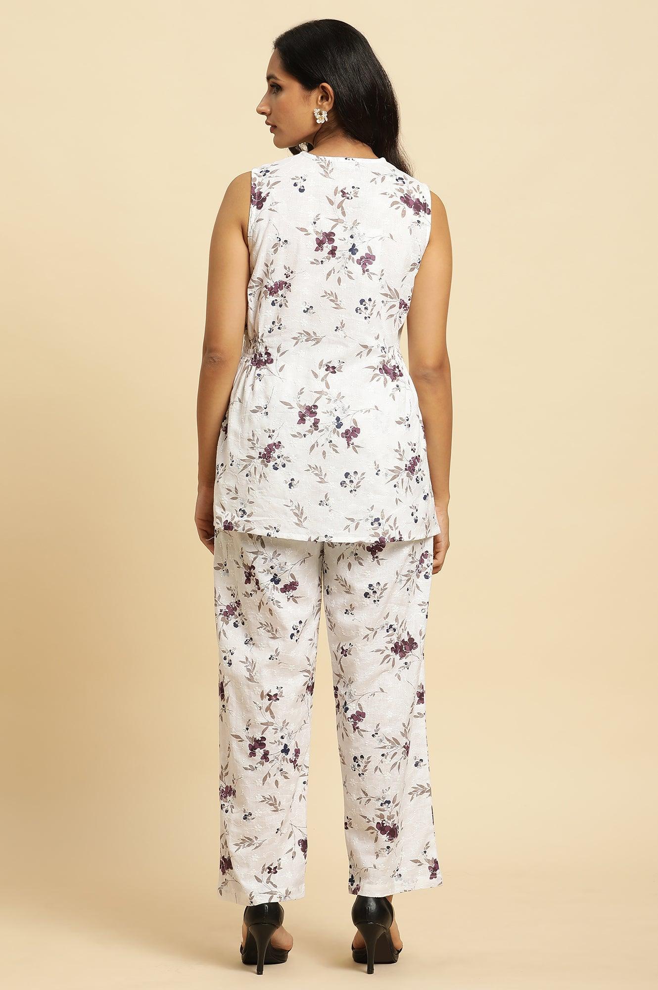 W for Woman White Sleeveless Floral Printed Kurta And Pant Co-Ord Set