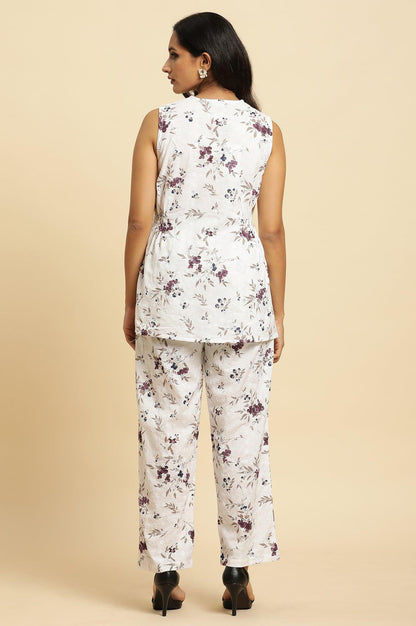 W for Woman White Sleeveless Floral Printed Kurta And Pant Co-Ord Set