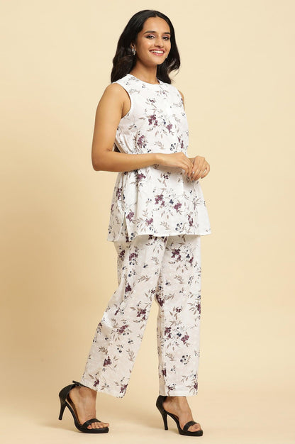 W for Woman White Sleeveless Floral Printed Kurta And Pant Co-Ord Set