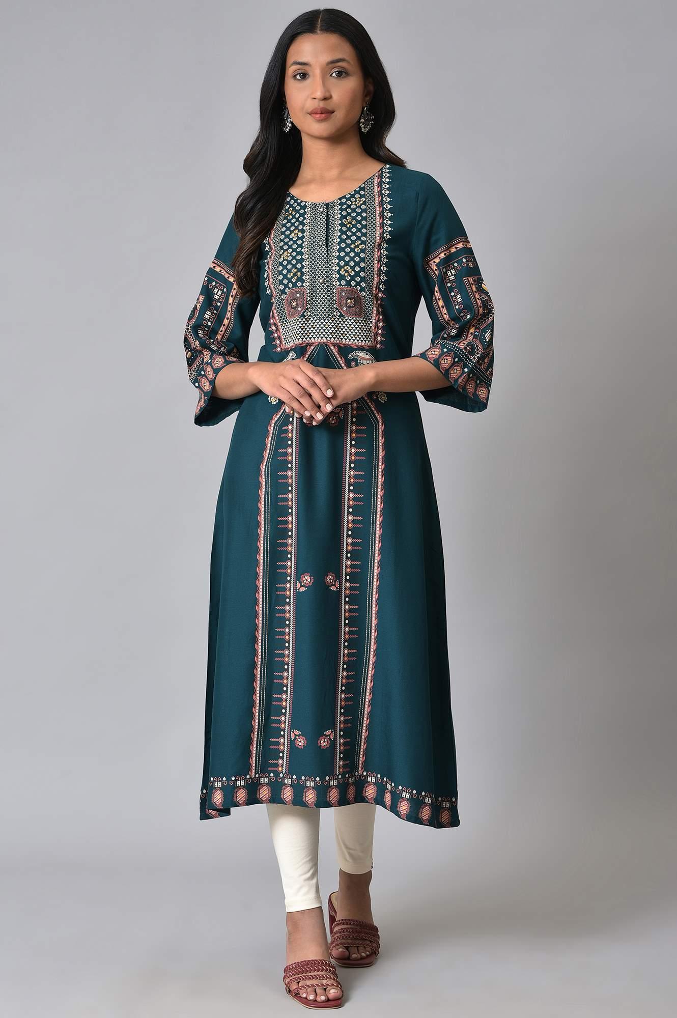 W for Woman Teal Fusion A-Line kurta