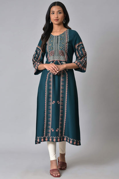 W for Woman Teal Fusion A-Line kurta