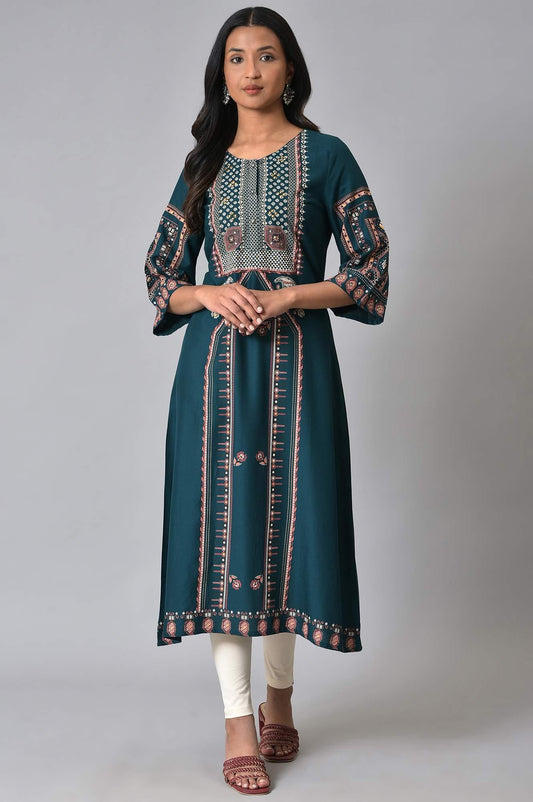 W for Woman Teal Fusion A-Line kurta