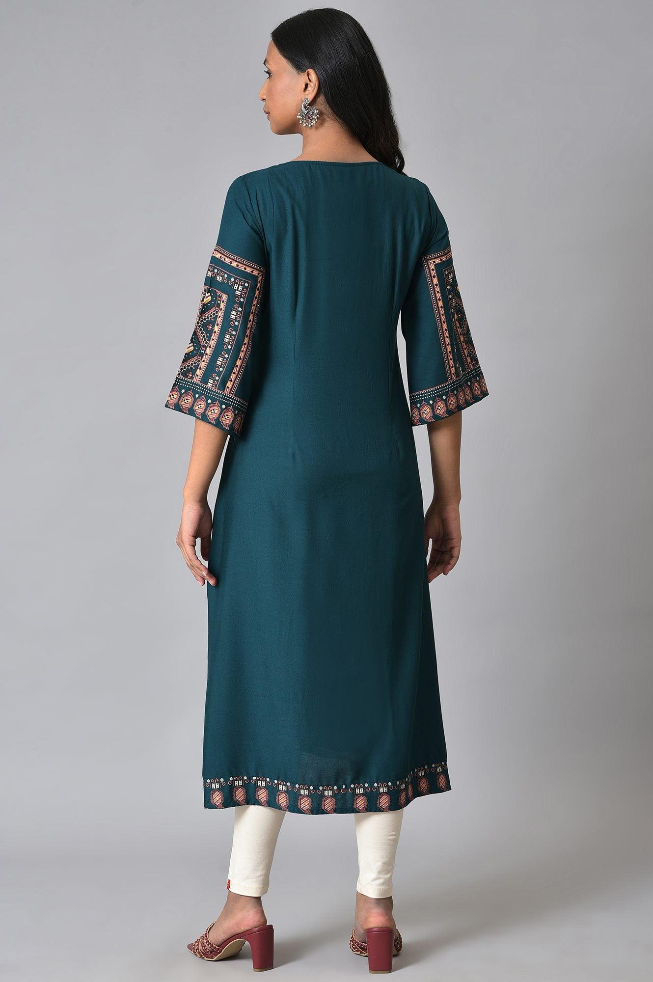 W for Woman Teal Fusion A-Line kurta