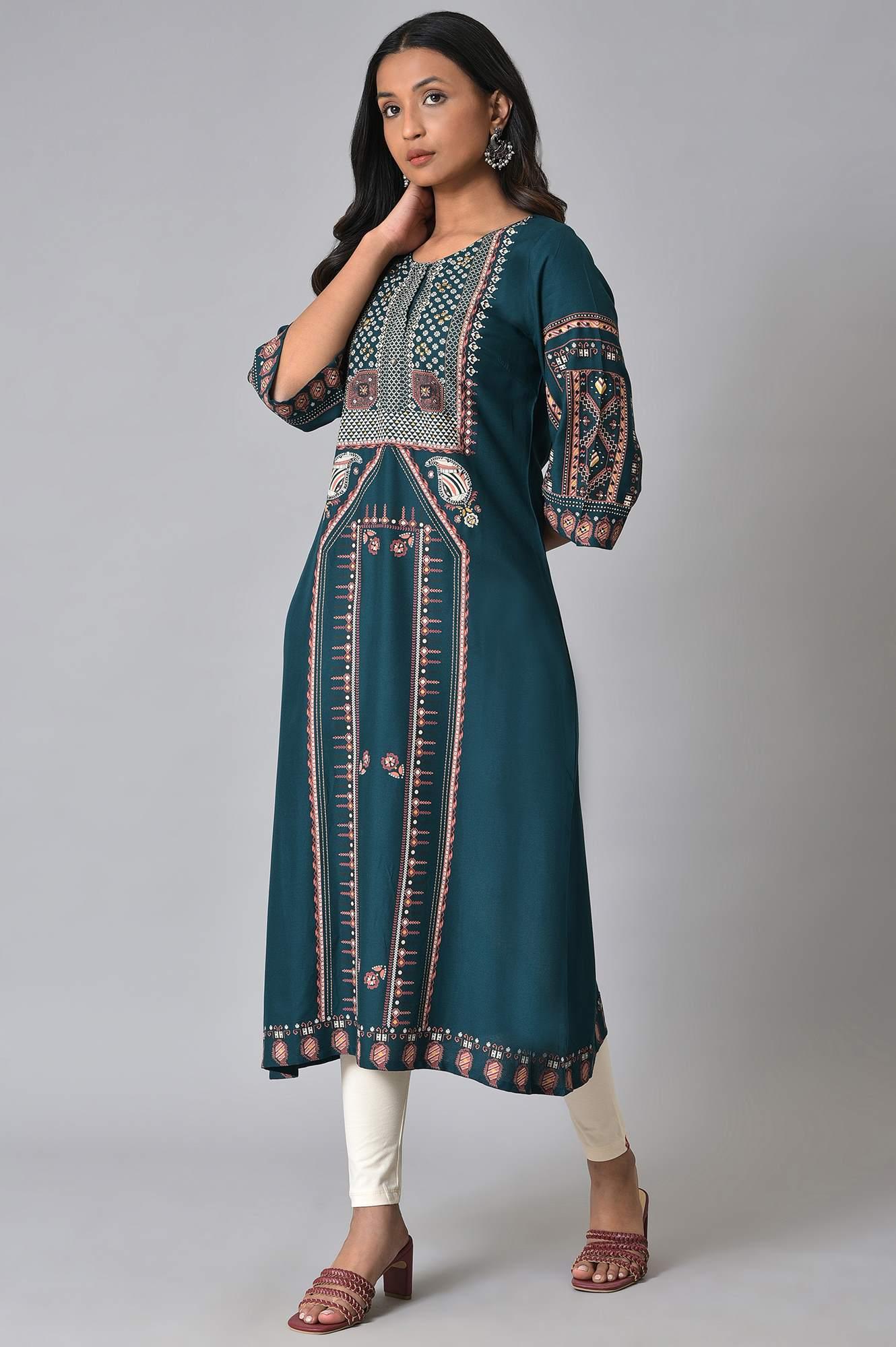 W for Woman Teal Fusion A-Line kurta