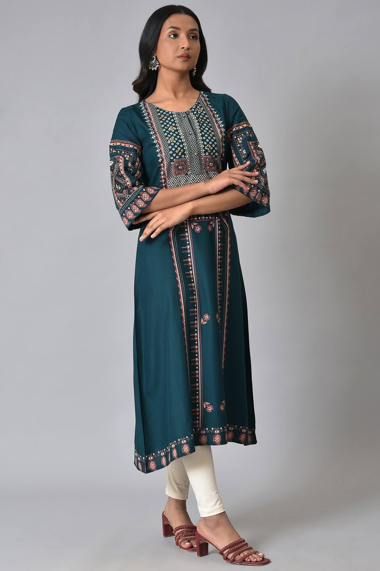 W for Woman Teal Fusion A-Line kurta
