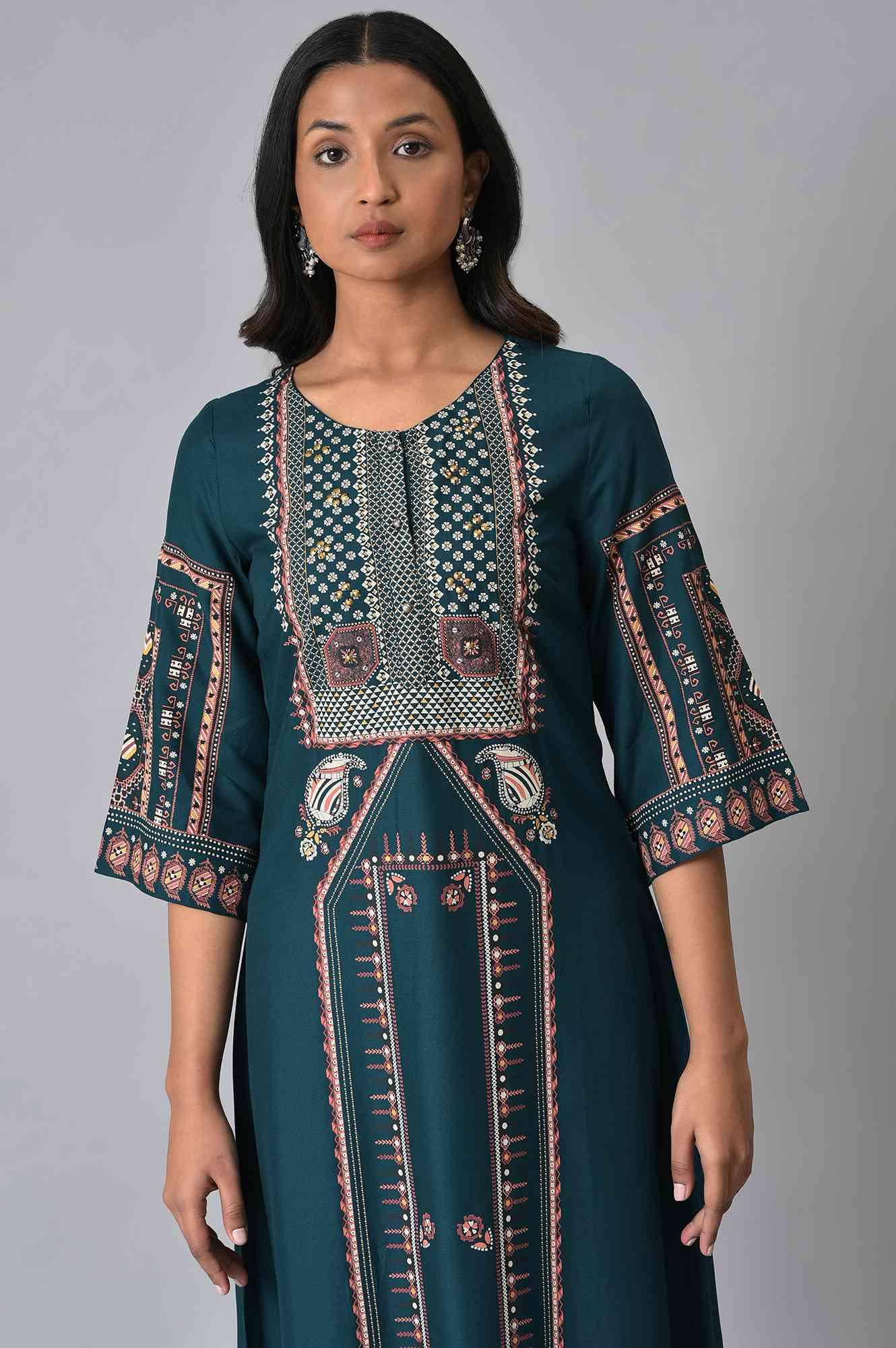 W for Woman Teal Fusion A-Line kurta