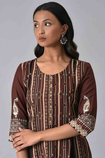 W for Woman Dark Brown Printed Coins Rayon A-Line Kurta and Parallel Pant Set