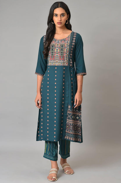 W for Woman Teal Printed A-Line Mock Layer kurta