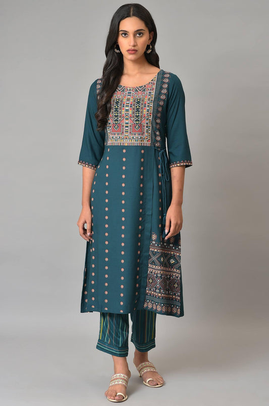 W for Woman Teal Printed A-Line Mock Layer kurta