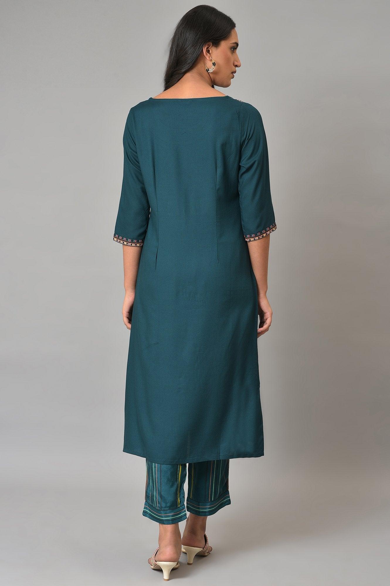 W for Woman Teal Printed A-Line Mock Layer kurta