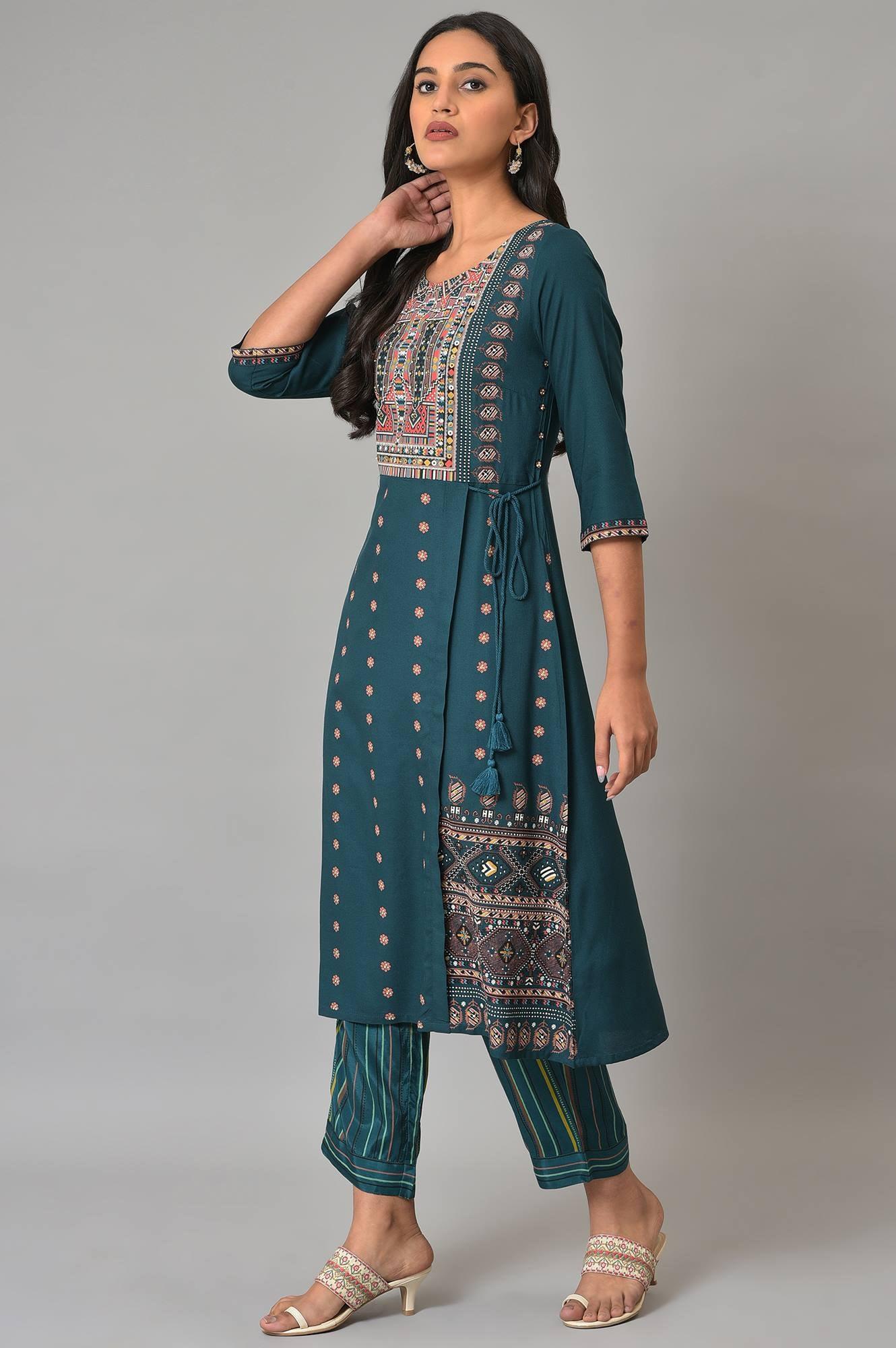 W for Woman Teal Printed A-Line Mock Layer kurta