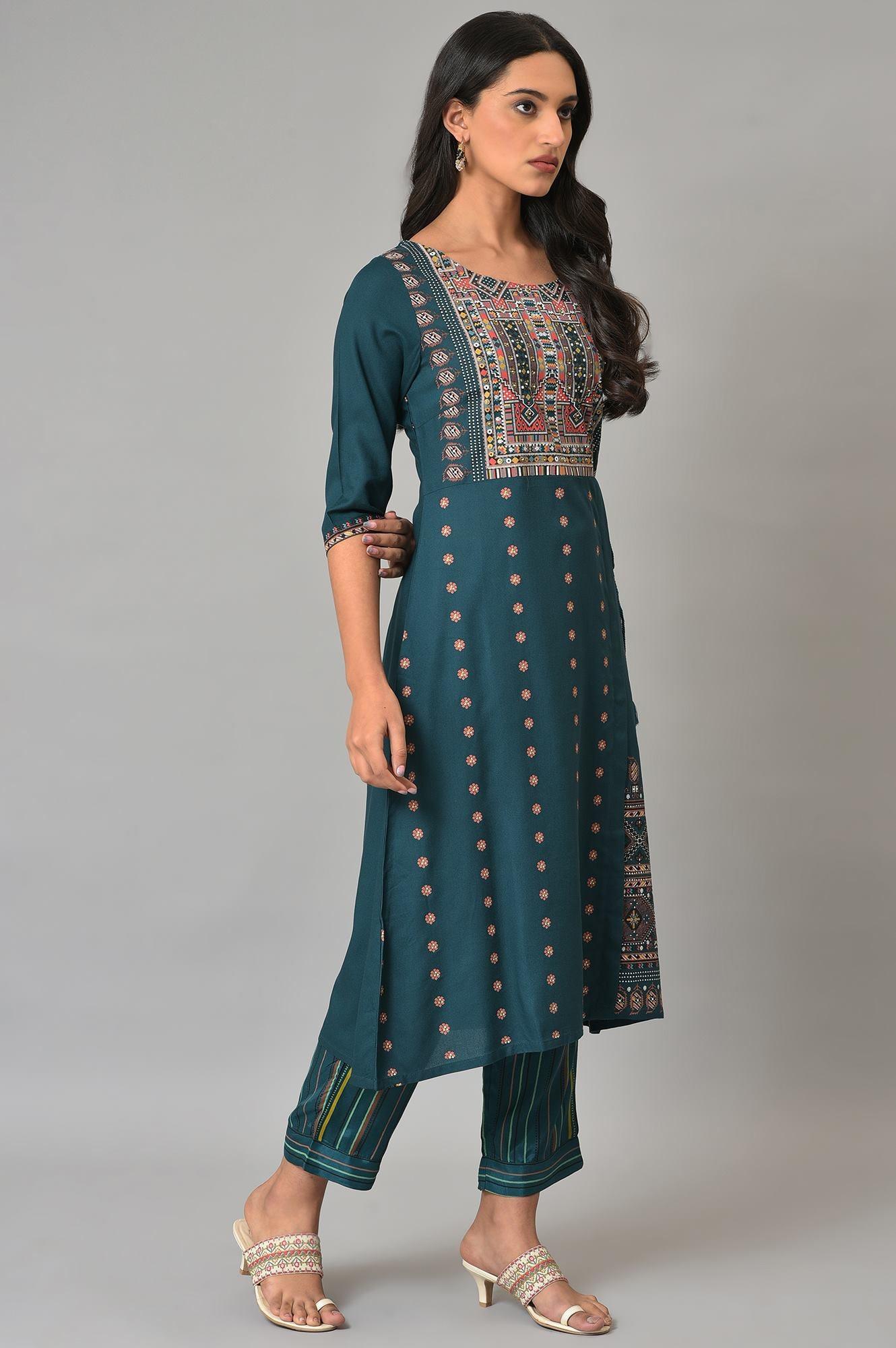 W for Woman Teal Printed A-Line Mock Layer kurta