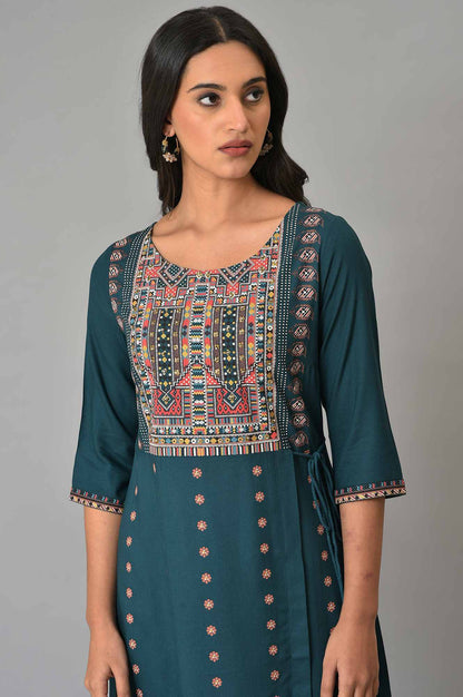 W for Woman Teal Coins A-line Kurta and Slim Pant Set