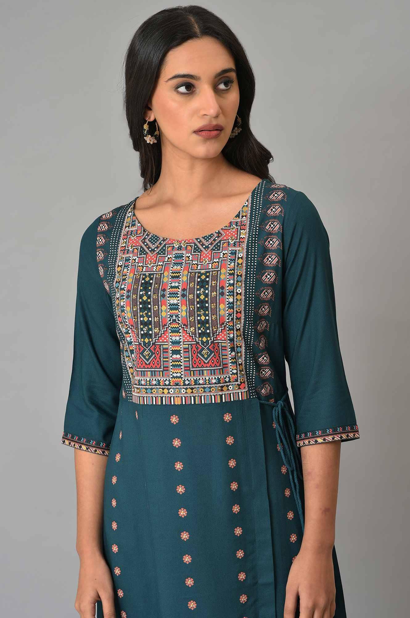 W for Woman Teal Printed A-Line Mock Layer kurta