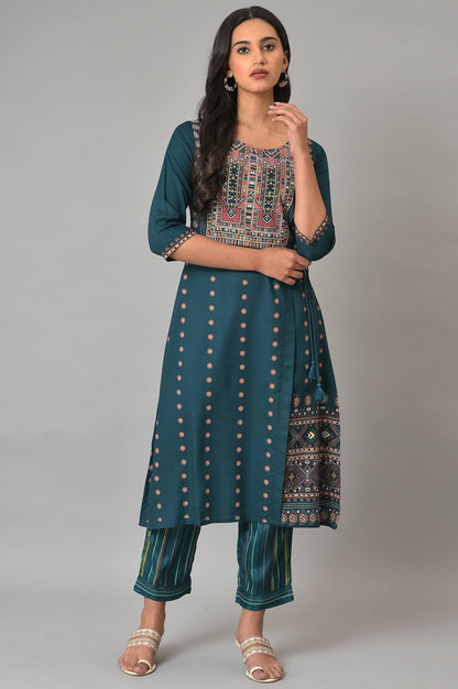W for Woman Teal Printed A-Line Mock Layer kurta