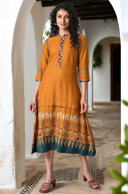 W for Woman Mustard Printed A-Line Dress
