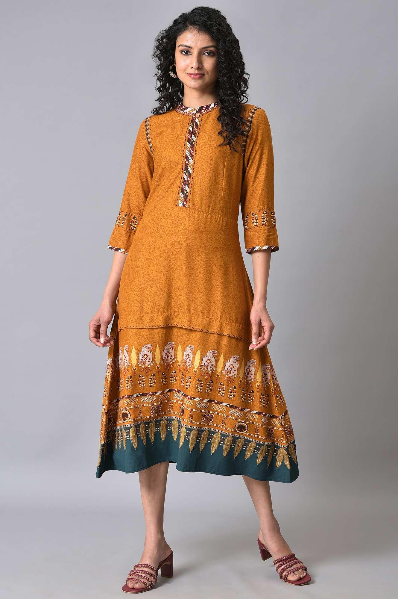 W for Woman Mustard Printed Plus Size A-Line Dress