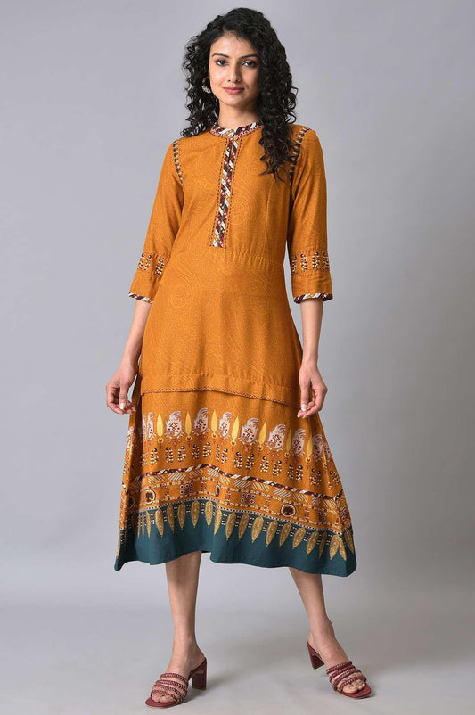 W for Woman Mustard Printed Plus Size A-Line Dress