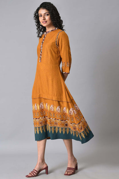 W for Woman Mustard Printed A-Line Dress