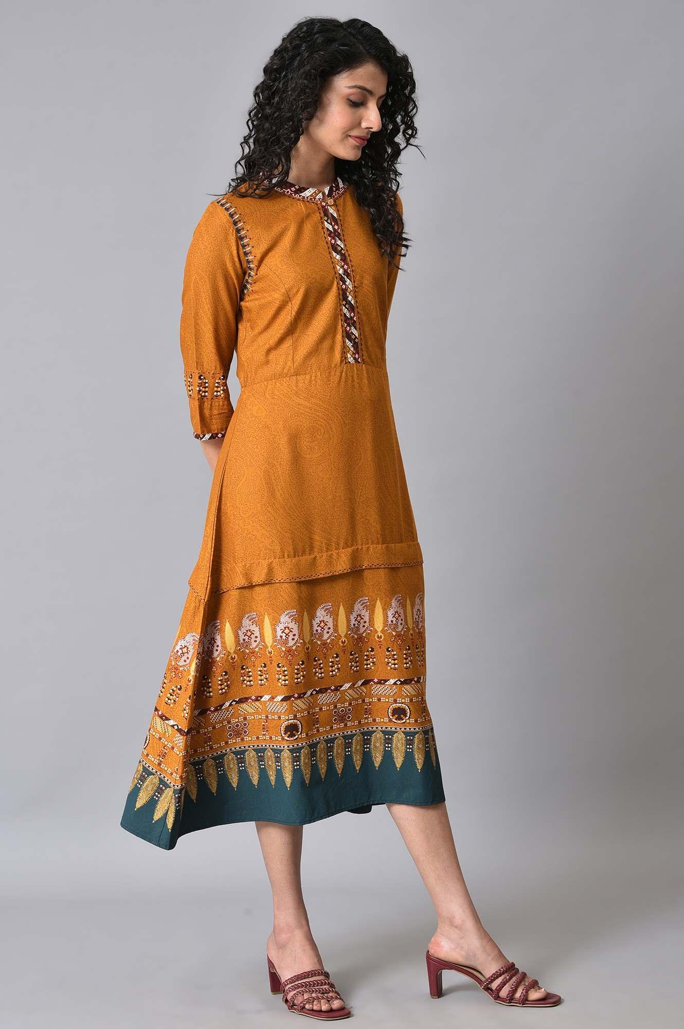 W for Woman Mustard Printed A-Line Dress