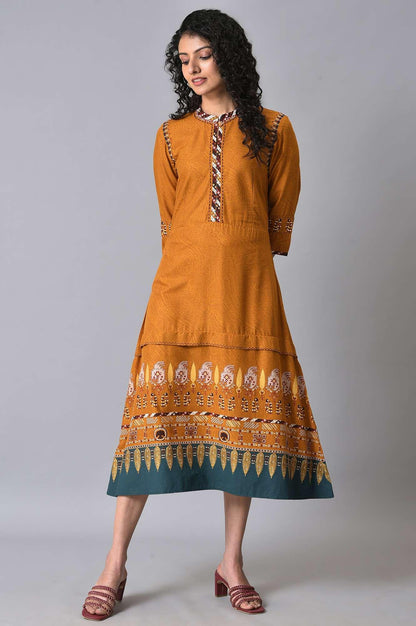 W for Woman Mustard Printed A-Line Dress