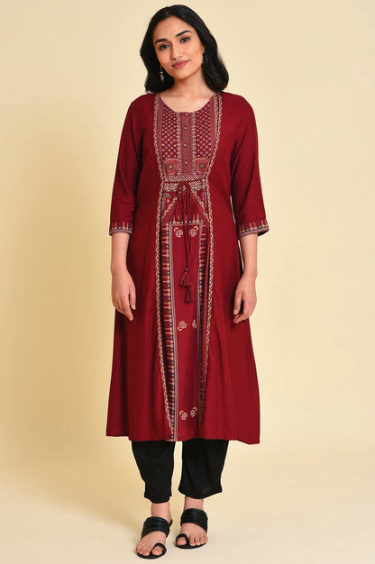 W for Woman Red Mock Layer Printed kurta