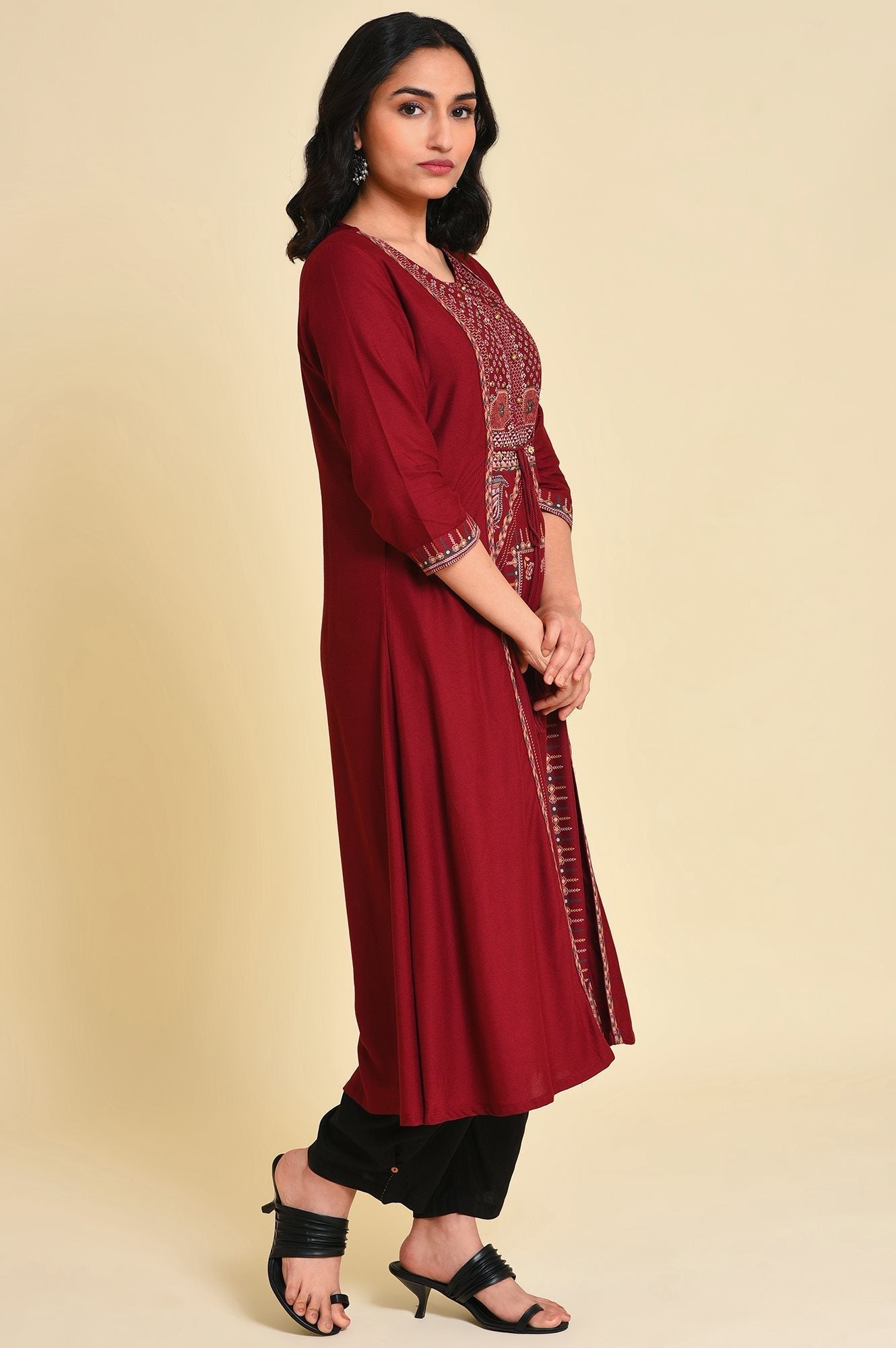 W for Woman Red Mock Layer Printed kurta