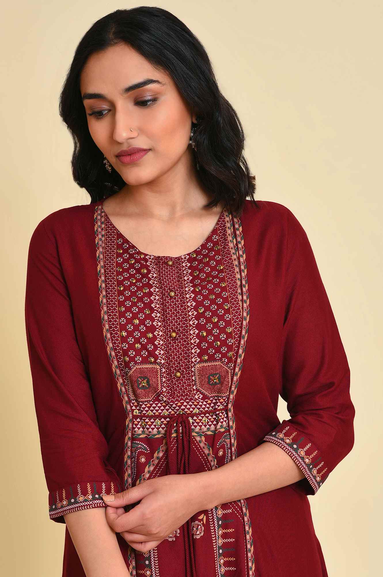 W for Woman Red Mock Layer Printed kurta