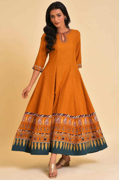 W for Woman Mustard Flared Embroidered Dress