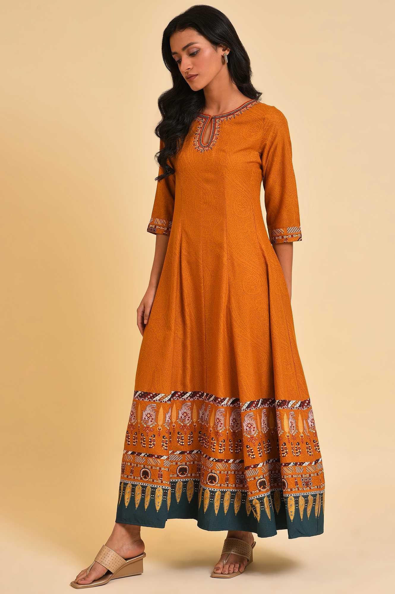 W for Woman Mustard Flared Embroidered Dress