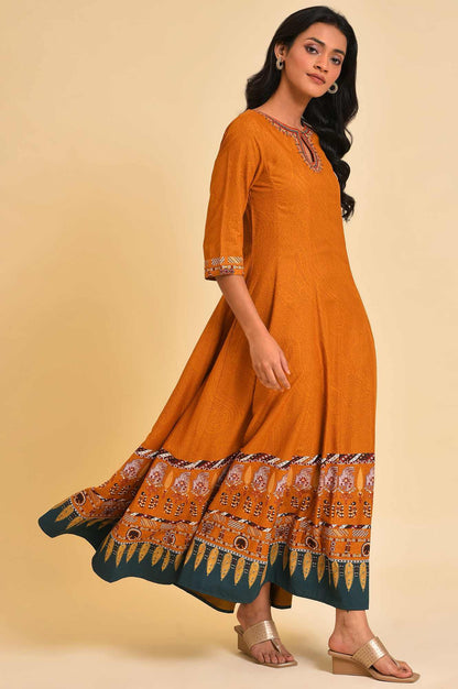 W for Woman Mustard Flared Embroidered Dress