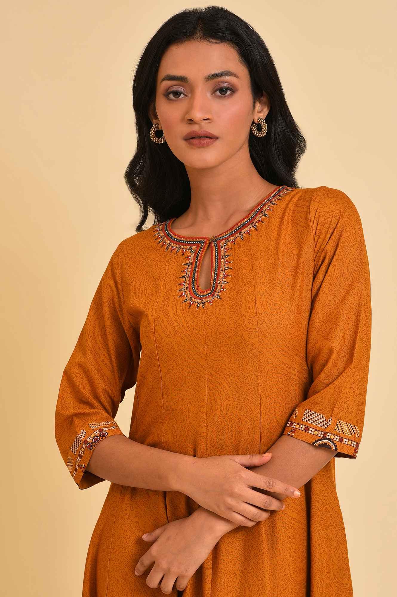 W for Woman Mustard Flared Embroidered Dress