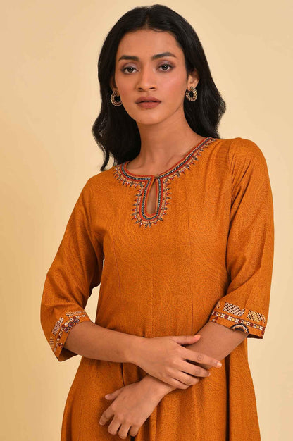 W for Woman Mustard Flared Embroidered Dress