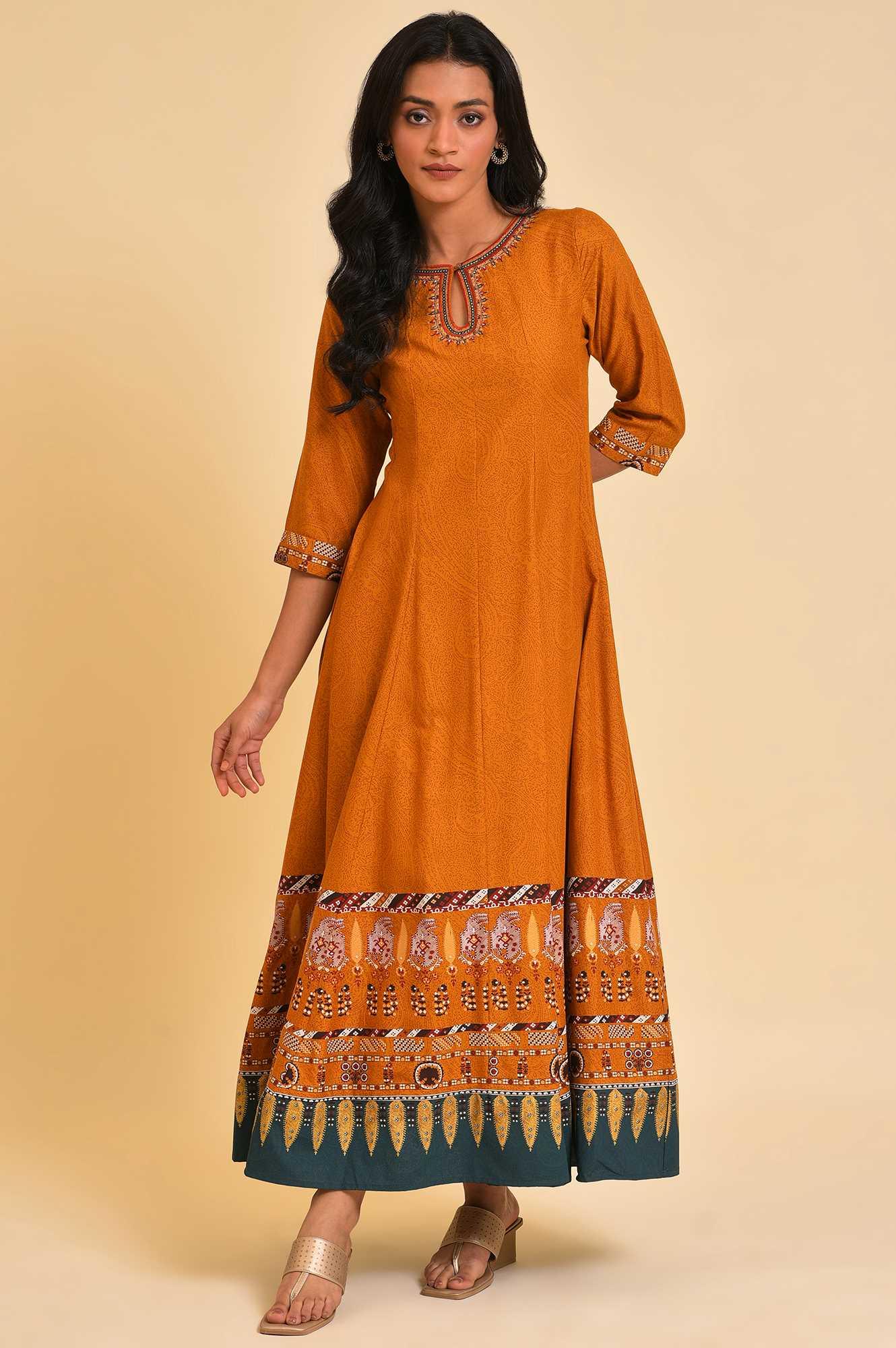W for Woman Mustard Flared Embroidered Dress