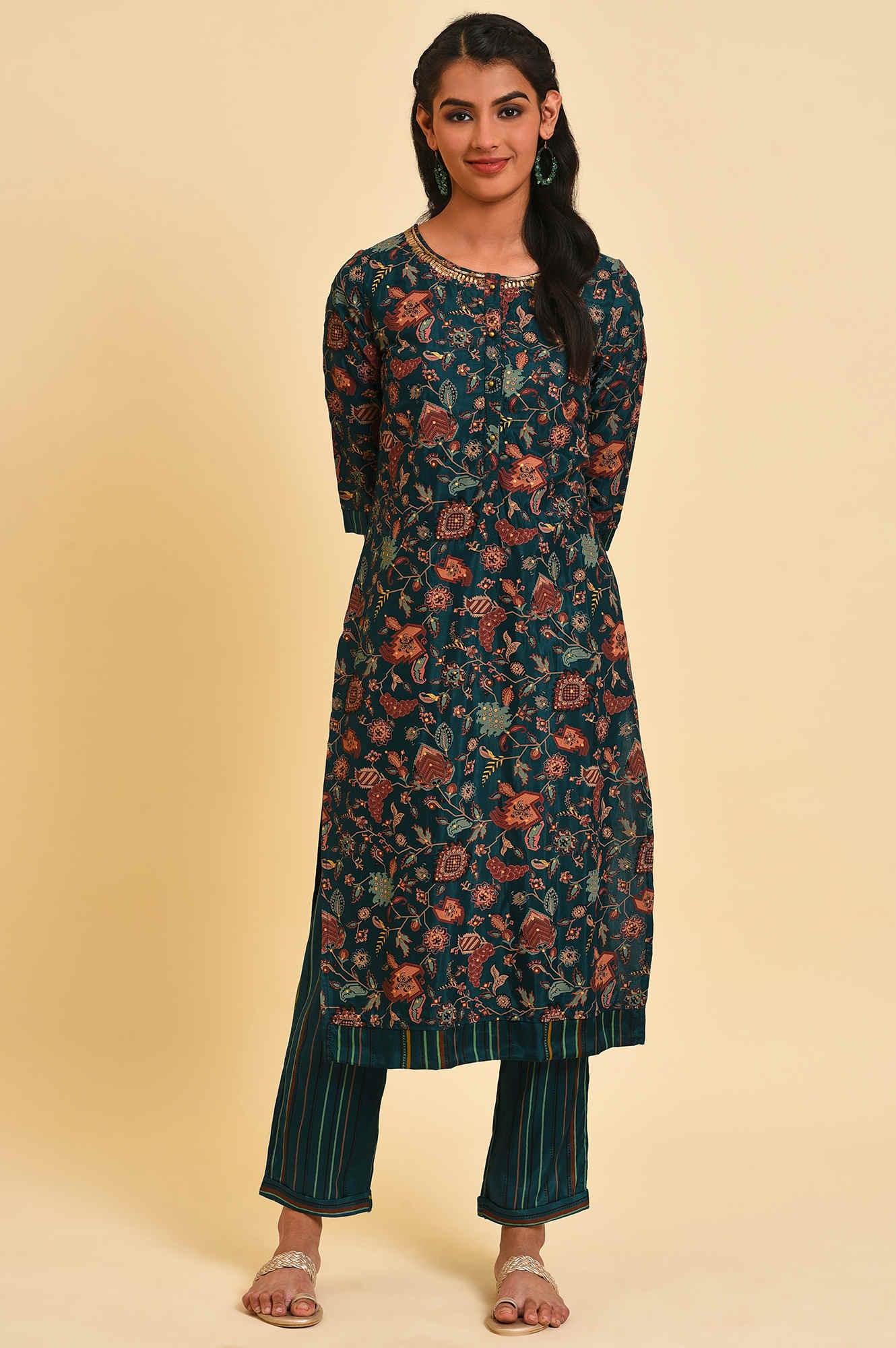 W for Woman Teal Printed Embellished Neck Straight kurta
