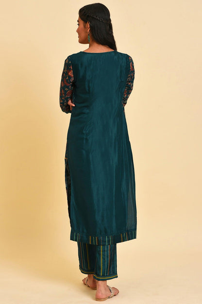 W for Woman Teal Printed Embellished Neck Straight kurta
