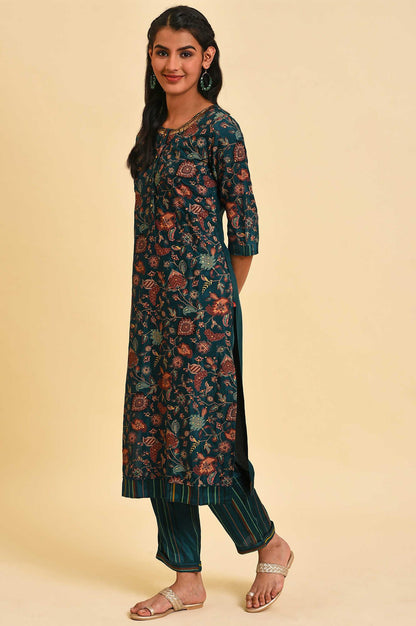 W for Woman Teal Printed Embellished Neck Straight kurta