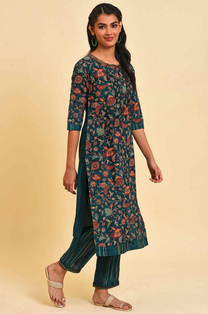 W for Woman Teal Printed Embellished Neck Straight kurta