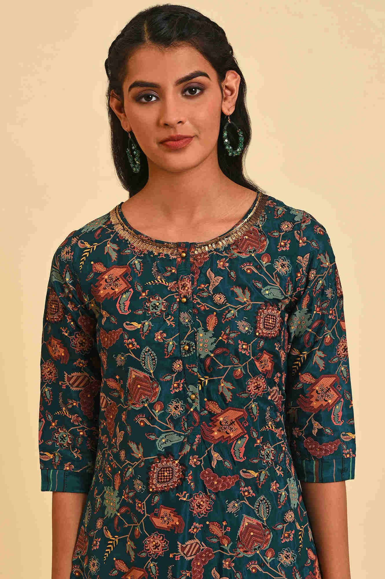 W for Woman Teal Printed Embellished Neck Straight kurta
