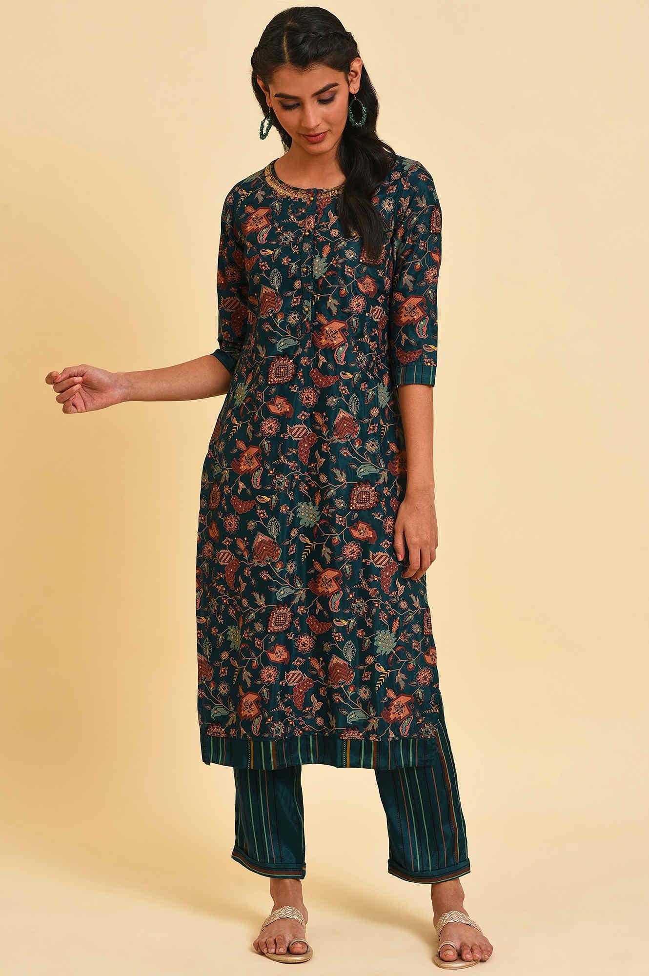 W for Woman Teal Printed Embellished Neck Straight kurta