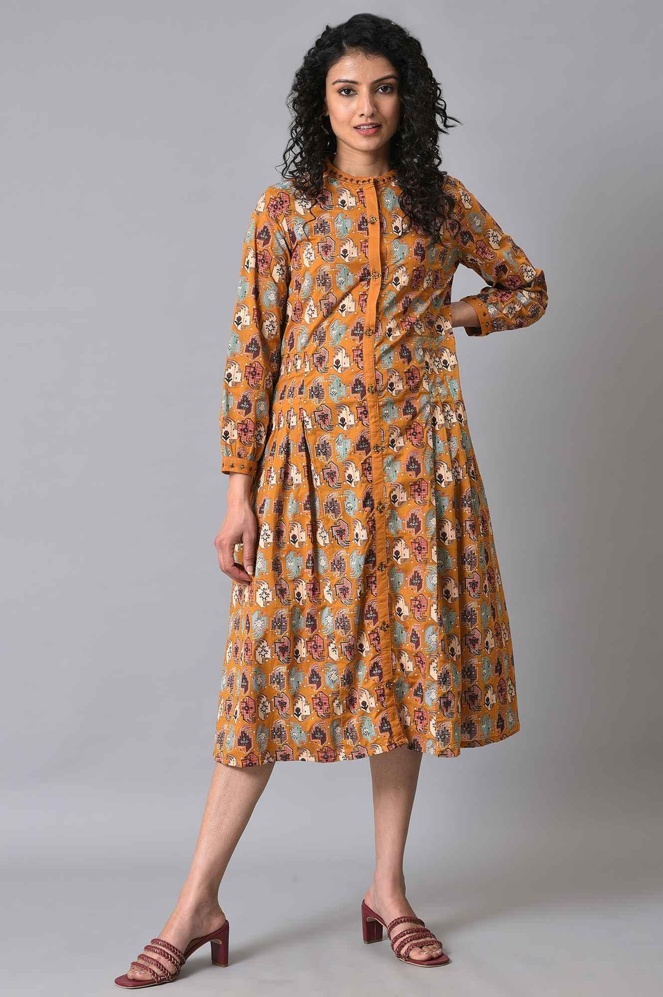 W for Woman Dark Yellow Printed Pleated Plus Size Shirt Dress