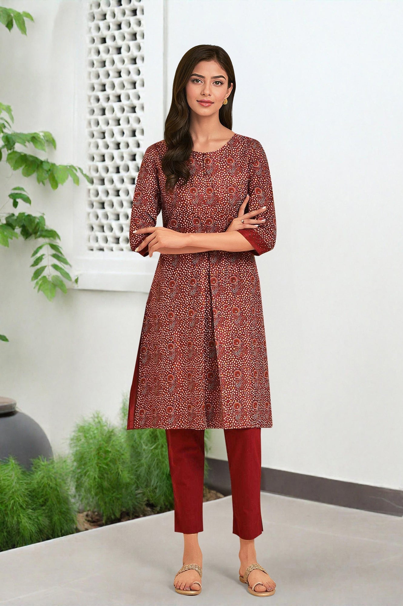 W for Woman Dark Red Printed kurta With Front Pleat