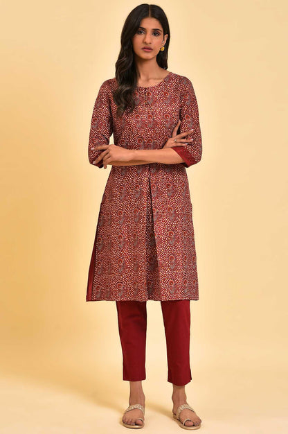 W for Woman Dark Red Printed kurta With Front Pleat