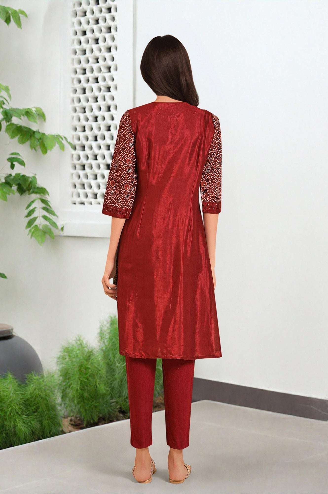 W for Woman Dark Red Printed kurta With Front Pleat