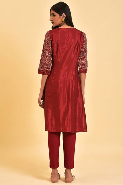 W for Woman Dark Red Printed kurta With Front Pleat