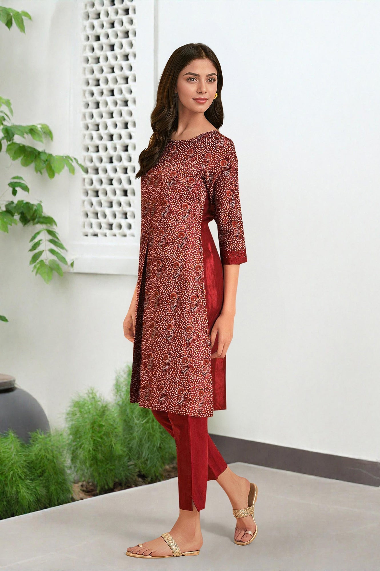 W for Woman Dark Red Printed kurta With Front Pleat