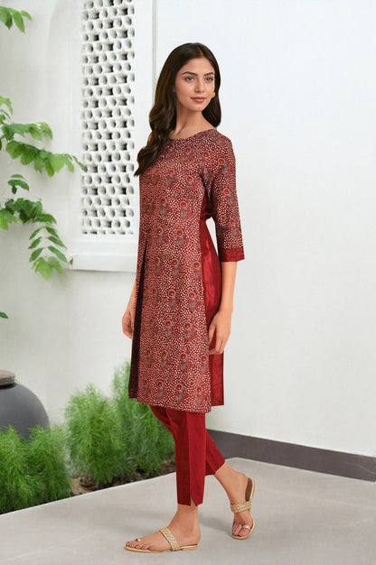 W for Woman Dark Red Printed kurta With Front Pleat