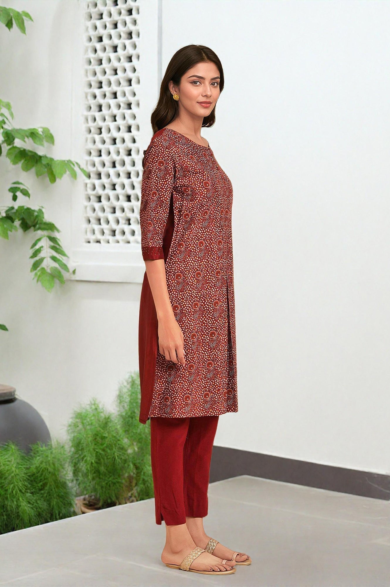W for Woman Dark Red Printed kurta With Front Pleat